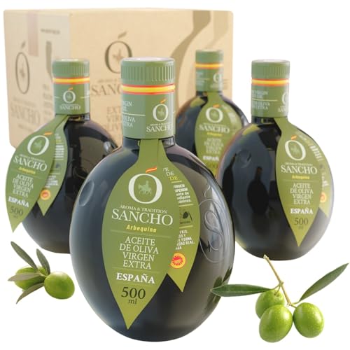 Azeite de azeitona virgem extra arbequina pack premium 4 x 500 ml garrafa de vidro AOVE SANCHO Gourmet suave aroma fruta colheita precoce primeira extração a frio origem Espanha DOP a mancha