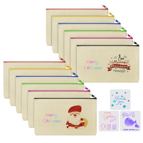 Vicloon DIY Sacos de tecido para pintura, saco de tecido com fecho de correr DIY, sacos de lona para lápis, com palmilhas de pintura, para a escola, escritório ou viagens, 12 peças, Estojo escolar
