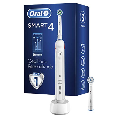 Oral-B Smart 4 4000N Smart Escova elétrica recarregável com tecnologia Braun, 1 alça conectada preta com Bluetooth, 2 cabeças de substituição, cor branca