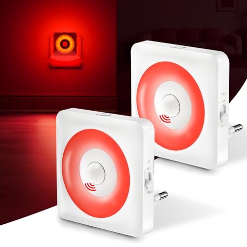 Swoieltr Luz LED com sensor de movimento, 2 peças luz note Bambini da presa, modo sensor ou sempre acesa, brilho regulável, certificação CE, ideal para quarto, sala de estar e casa de banho (vermelha)