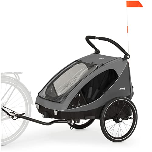 hauck Reboque de bicicleta para crianças 2 lugares Dryk Duo - carrinho de bicicleta completo de 6 meses a 22 kg - encaixe incluído, cadeira de passeio gémear mala XL - dobrável - cinzento
