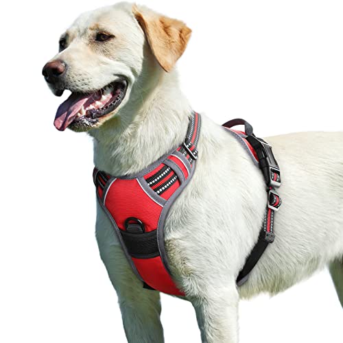 Eagloo Arnês de cão anti-puxões confortável, colete ajustável, correia ao pescoço e peito para cães pequenos, material durável e respirável, com fita refletora adapta-se ao exercício externo L / vermelho