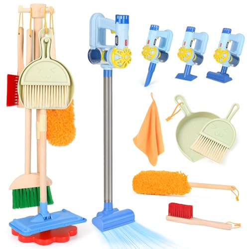 Dreamon Aspirador infantil com função de sucção e som, 11 peças de limpeza para crianças, brinquedos de madeira, vassoura para crianças a partir dos 3 anos