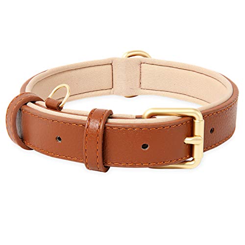 HEELE Coleira de cão confortável e durável, ajustável com acolchoado suave, de couro para raças pequenas, médias e grandes, castanho, M