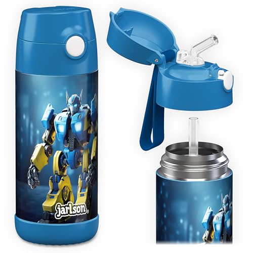 JARLSON® garrafa de água para crianças com palhinha CHARLI, garrafas de água de aço inoxidável - térmicas, sem BPA, à prova de fugas, para a escola e desportos, o termos térmico, 350 ml