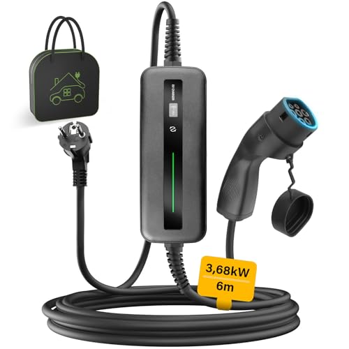 EIDYBOX Carregador EV tipo 2 cabo de carregamento de carro elétrico 10A/16A comutável com tomada Schuko, 3,68 KW, 6 m com saco, ecrã LCD, Wallbox portátil para EV e PHEV
