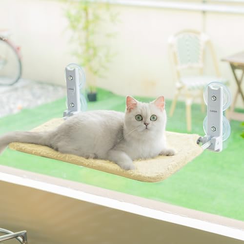 CATISM Rede de gato dobrável para janela de até 20 kg, rede para gatos reforçada com ventosa forte, almofada de tecido lavável de dupla face, saco de dormir para gatos (52 x 30 cm), bege