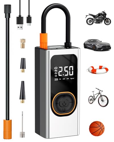 Compressor de ar portátil 6000 mAh, insuflador elétrico de 150 PSI, mini bomba de ar com ecrã LCD digital, lanterna LED, Power Bank e 4 boquilhas para carros, motas, bicicletas bolas