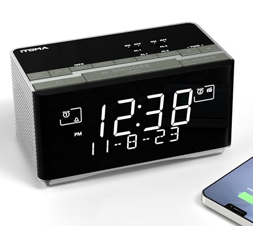 iTOMA Despertador de rádio FM e Dab com porta de carregamento USB, altifalante estéreo Bluetooth, tomada de auriculares, alarme duplo, Snooze, ecrã LCD ajustável 3501
