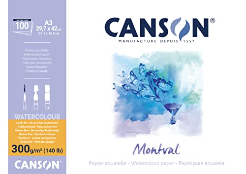 Canson Montval, papel de aguarela, prensado a frio, 300 g, colados de lado longo, A3-29,7 x 42 cm, branco, 100 folhas