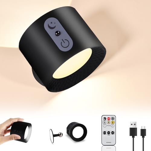 Aplique parede interior com comandos 1 unidade, bandeja de parede LED sem conexão de alimentação, bateria 2000 mAh, 360 ° giratório, controlo tátil de modos de cor e brilho, candeeiro de sala de estar