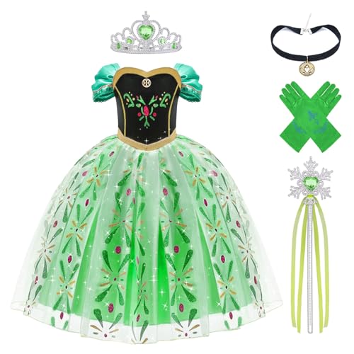 Aomig Menina princesa coroa vestido, vestido de princesa menina com varinha coroa luvas colar, disfarce de princesa cosplay para aniversário festa cosplay carnaval Halloween, 3-8 anos