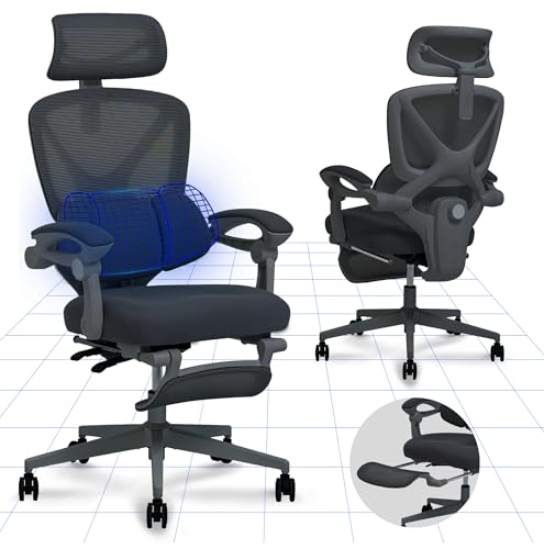 FLEXISPOT Cadeira de escritório ergonómica com suporte lombar 3 por zonas, reclinável a 135°, apoio para os pés retrátil, almofada respirável, altura ajustável, cadeira de escritório, preto