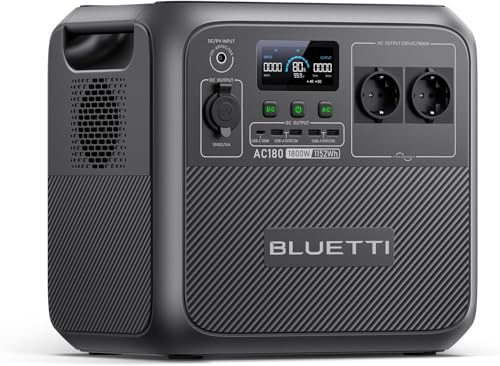 BLUETTI AC180 Gerador solar portátil, 1152 Wh LiFePO4 bateria com 2 saídas CA 1800 W (2700 W pico), 0-80 % em 45 min, estação de energia solar para campismo, viagens, cortes de eletricidade
