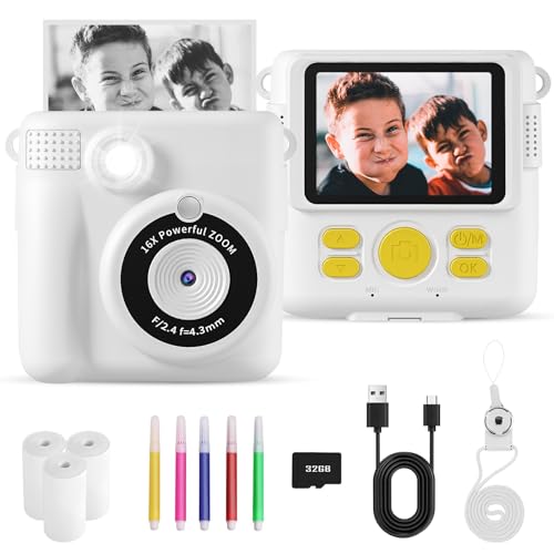 Câmara com fotos infantis instantâneas, 24 MP 1080P HD câmara de fotos instantânea, 2,4 polegadas câmara instantânea crianças com cartão de 32 GB e papel fotográfico, brinquedo presente para crianças