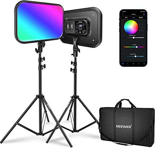 NEEWER RGB168 Luz de vídeo RGB de 18,3" com suporte 2 pacotes, com controlo de App de 360° de toda a cor 60 W regulável 2500K-8500K CRI97 17 efeitos painel LED iluminação para
