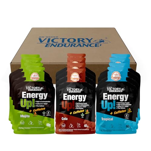 Victory Endurance PACK Gel de Energy Up de 12 x 40 g com cafeína - mistura de 3 sabores (Caua, Mojito, tropical). Energia rápida. Alto em carboidratos (proporção 2:1:1). Com extra de sódio. Fácil de