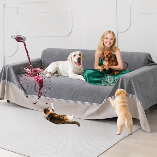 Loiion 100% capa impermeável para sofá, capa para sofá de 2 lugares, protetor de móveis para cães, protetor de sofá para gatos, riscos e cães de estimação, antiderrapante, anti-manchas, cinzento, 300