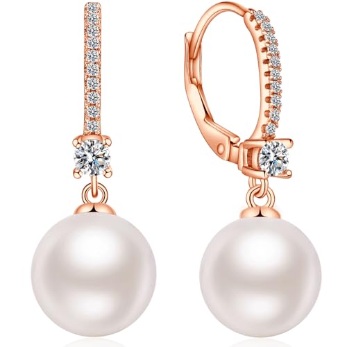 Jiamiaoi Brincos pérolas pingente de prata 925,8 - 10 mm pérola cultivadas e banhado a ouro branco de 18 k para mulheres