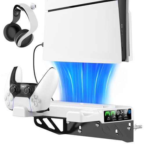 Tokluck Soporte Pared para PS5/ Slim/Pro, Soporte PS5 con Ventilador de Refrigeración y Cargador de Mando para PlayStation 5, Base de Carga PS 5 con Soporte para Auriculares