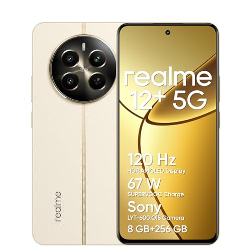 realme 12 Telemóvel 5G, 8 + 256 GB, câmara para retrato Sony LYT-600 OIS, ecrã AMOLED ultrafluído de 120 Hz, conjunto de chips Dimensity 7050 5G, 5000 mAh, NFC, bege, sem entrada Conteúdo da