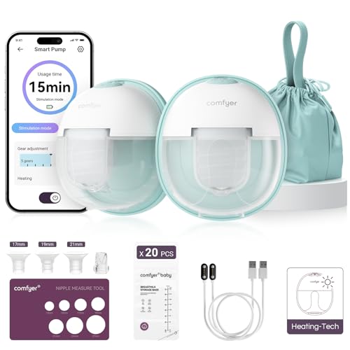 comfyer W2 Saquilhadores elétricos mãos livres, extrator de leite duplo para a boca do bebé, flange de vedação dupla com 3 tipos e 9 níveis, compressa térmica, carga magnética, controlo via APP