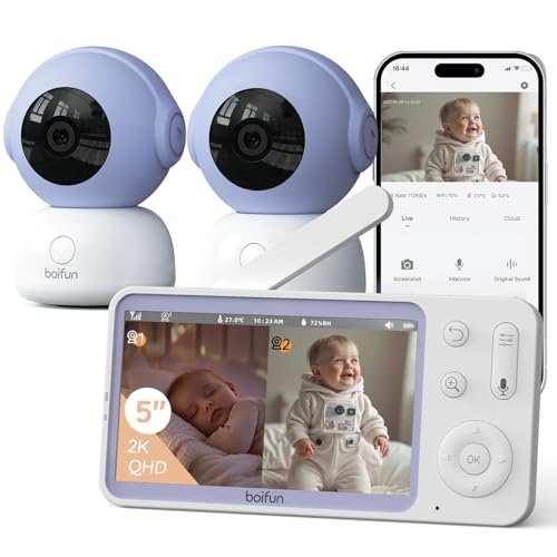 BOIFUN 2K Vigiladores para bebés com 2 câmaras com aplicativo móvel, ecrã dividido de 5", rotação de 360°, monitorização de movimento e acompanhamento automático, alarme de área personalizado, Zoom 4X