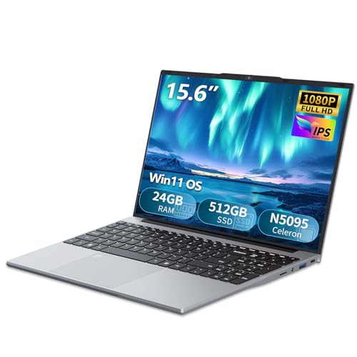 PC Portátil Win 11, 15,6 polegadas computador portátil 24Go LPDDR4 RAM 512Go SSD, Celeron N5095 CPU, desbloqueio impressões digitais/teclado retroiluminado, 180° Flip IPS ecrã, webcam +BT444 .2 + USB3