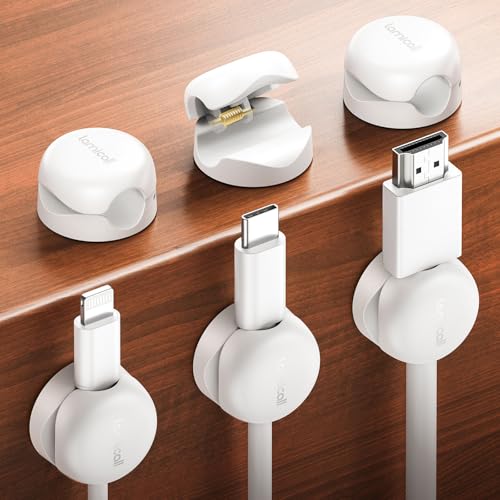 Lamicall [6 peças] Clipe de cabo de mola - [Super mini e economia espaço] organizador cabo autocolante sem resíduos, clipe cabo para HDMI, USB, PC, TV, casa, cozinhas, escritório, (8 mm) - branco