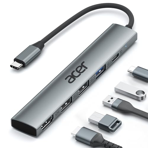 acer Hub USB C 5 em 1, adaptador USB C para HDMI 4K, carregamento PD de 100 W, 3 portas USB A, USB C Hub multiporta para portáteis, PC, tablet, MacBook Air/Pro, iPad Pro, iPhone 16 Série
