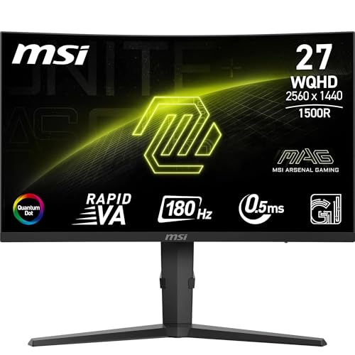MSI mag 275CQRF QD E2 Monitor curvo Gaming WQHD 27 polegadas, 1500R, 2560 x 1440 Rapid VA painel, 180 Hz / 0,5 ms (GtG, Min. ), Sincronização adaptativa, DP 1.4a, HDMI 2.0b CEC