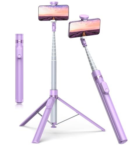 TONEOF 180 cm Vara automática Selfie tripé, tripé para telemóvel com controlo remoto magnético recarregável, suporte móvel rotativo de 2 eixos de 360°, tripé estável para iPhone/Android-roxo