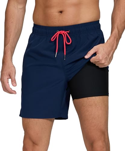 Kfnire Calções de banho para homem com forro de compressão e bolsos, calções de banho para natação secagem rápida hidrofugo para homem