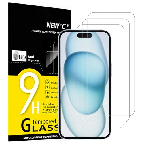 NEW'C 3 peças, protetor de ecrã para iPhone 16, iPhone 15, iPhone 15 Pro (6,1 polegadas), vidro temperado anti-riscos, sem bolhas, dureza 9H, 0,33 mm ultra transparente, ultra resistente