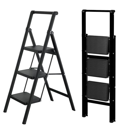 UABA Escada dobrável 3 degraus preto, leve e compacta, degraus largos antiderrapantes, padrão EN 131