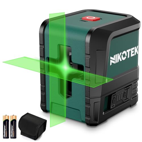 Nível laser verde Nikotek, laser automático de linhas cruzadas horizontais e verticais para decoração de casa bolsa de transporte, 2 x bateria incluída IP54