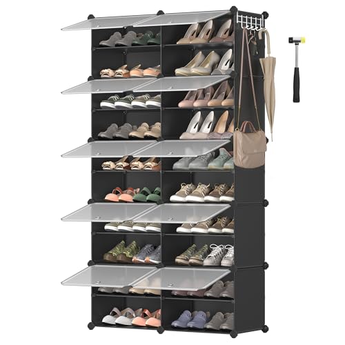 SONGMICS Armário de sapato de plástico, 10 compartimentos para 40 pares de sapatos, com portas, estrutura de aço e prateleiras de plástico, armário para quarto, tinta preta e transparente LPC035B01