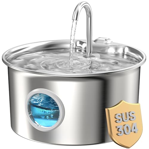 Fonte para gatos aço inoxidável: Bebedor gatos automático INOX - 2,6 L fonte gato metálico com janela de nível de água - dispensador de água elétrico ultra silencioso - filtragem multicamada