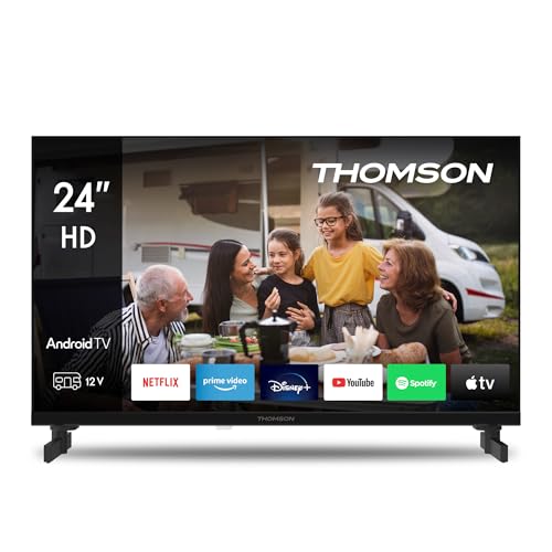 THOMSON 24 polegadas (60 cm) LED HD 12 V Camping Smart Android TV, Google Assistant, Wi-Fi, Dolby Digital, Bluetooth, Triple-Tuner (cabo/satélite/antena), HDMI, Ci+, painel A+ 24HAHAHAHA. 2S13C