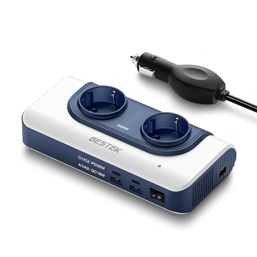 BESTEK Transformador 220 V a 12 V inversor de corrente 200 W com 4 saídas USB, 2 AC tomadas e isqueiro, conversor de onda sinusoidal com proteção para barco, caravana, carro, campismo carrinha