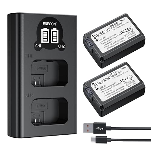 ENEGON 2X NP-FW50 Baterias de substituição e carregador duplo LED USB inteligente para Sony ZV-E10, Alpha a6100, a6000, a6300, a6400, a6500, a3000, a5000, a5100, NEX 3/555 7 e SL. T-A série