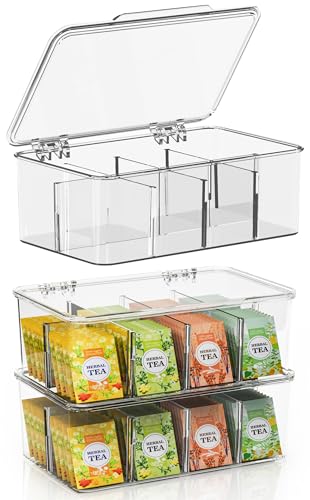 KICHLY Caixa de chá infusões, embalagem de 3 - caixa acrílica de 24 secções para chá, café, especiarias, bancadas de cozinha, armários, despensa (transparente)