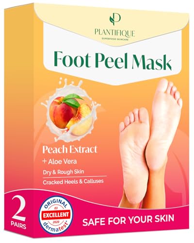 PLANTIFIQUE Máscara de pés descascando com pêssego, 2 pares meias requintadas para pés secos e rachados, máscara de pele para pés