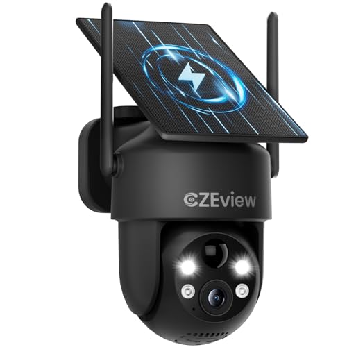 CZEview 2K Câmara de vigilância WiFi exterior solar, sem cabo com bateria, segurança câmaras vigilância domicílio WiFi, homem/PIR sereia, visão noturna cor, IP65 (preto)
