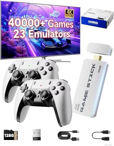 Febotak Retro Gaming Console Stick com 4.0000 jogos, 15 emuladores pré-instalados, 4K HDMI, controlador sem fios duplo 2,4 G, sistema Plug & Play, presentes para crianças e adultos (branco)