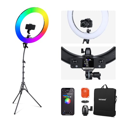 NEEWER Aro de luz LED RGB Control App de 18 polegadas com tripé e suporte móvel, 42 W regulável 2500 K-1000K GM±50 Bicolor CRI97+/TLCI98 360 ° a todas as cores 18 cenários para fotografia TikTok VV
