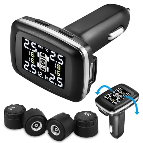 OBEST Sistema de controlo de pressão dos pneus - monitor sem fios TPMS com 4 sensores externos - ângulo de visão ajustável, tomada de isqueiro e porta de carregamento USB