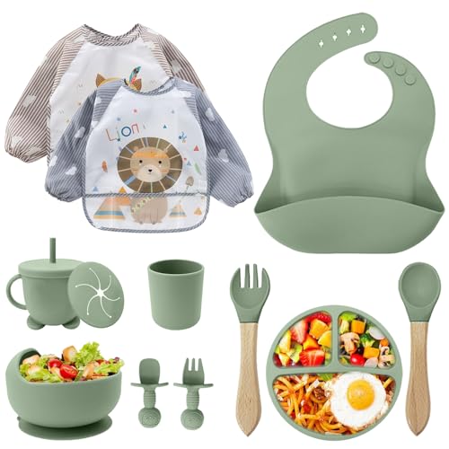 Talheres para bebé, conjunto de 12 peças pratos bebé com ventosa, baby Led Weaning, talheres infantis, conjuntos de louça para bebé, colher de bebé, babete silicone para bebé, prato de silicone para