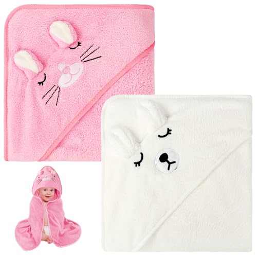 Aolso Toalha de bebé com capuz, 2 toalhas de banho para bebé com capuz, 80 x 80 cm, toalhas macias e absorventes com capuz para crianças recém-nascidos e bebés (branco/rosa)