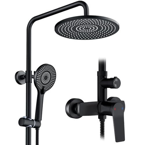 Rainsworth Coluna duche com torneira preta, altura regulável 100-135 cm, torneiras de latão, coluna de duche com alcachofra de duche redondo 25 cm, chuveiros de casa de banho com chuveiro de mão